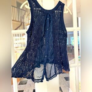 Lace Knit Tank Top Rewind Blue Button Sheer Back Boho Y2K Fairy Dark Romantic M